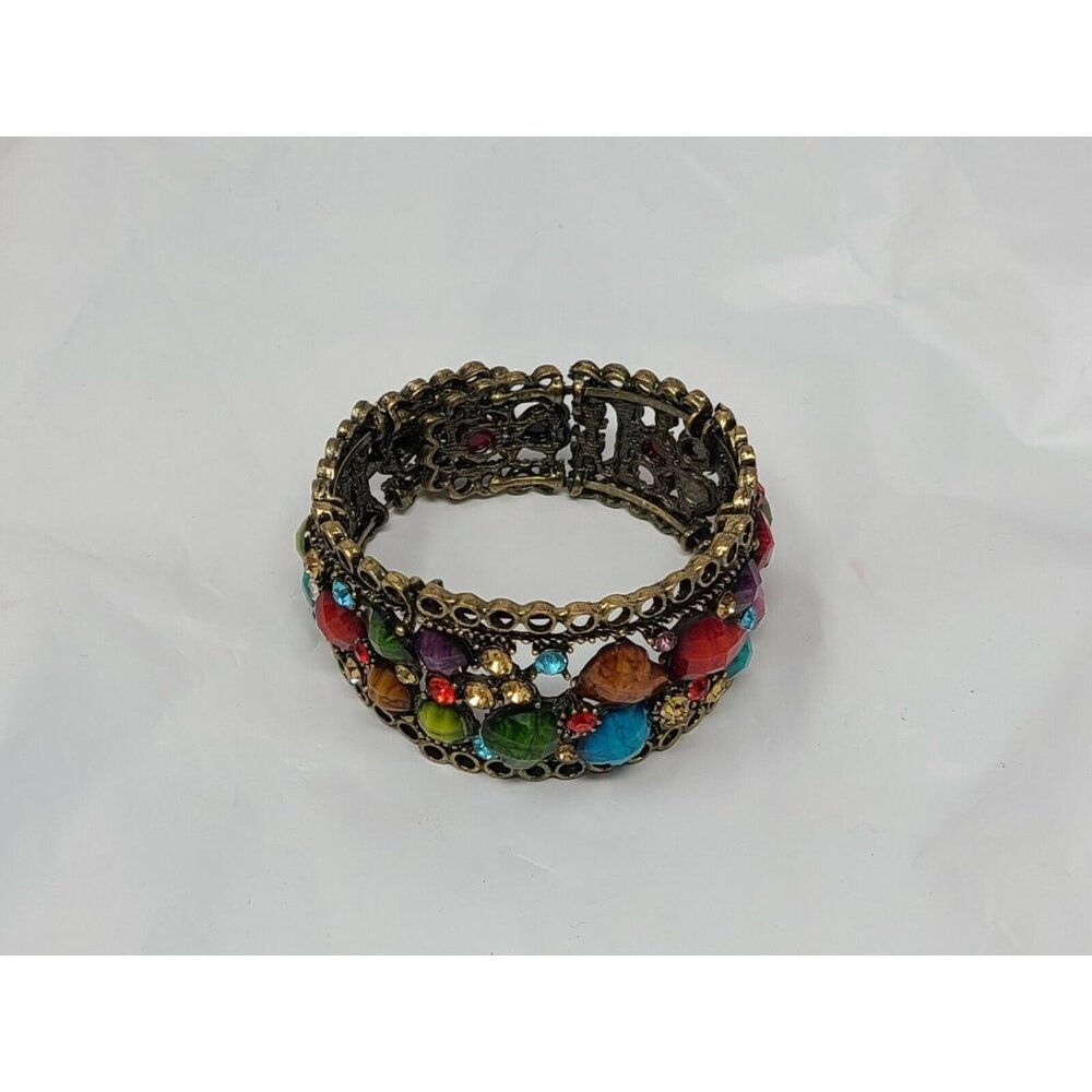 Jeweled Boho Bangle Cuff Bracelet Hinged Gold Tone Rhinestones